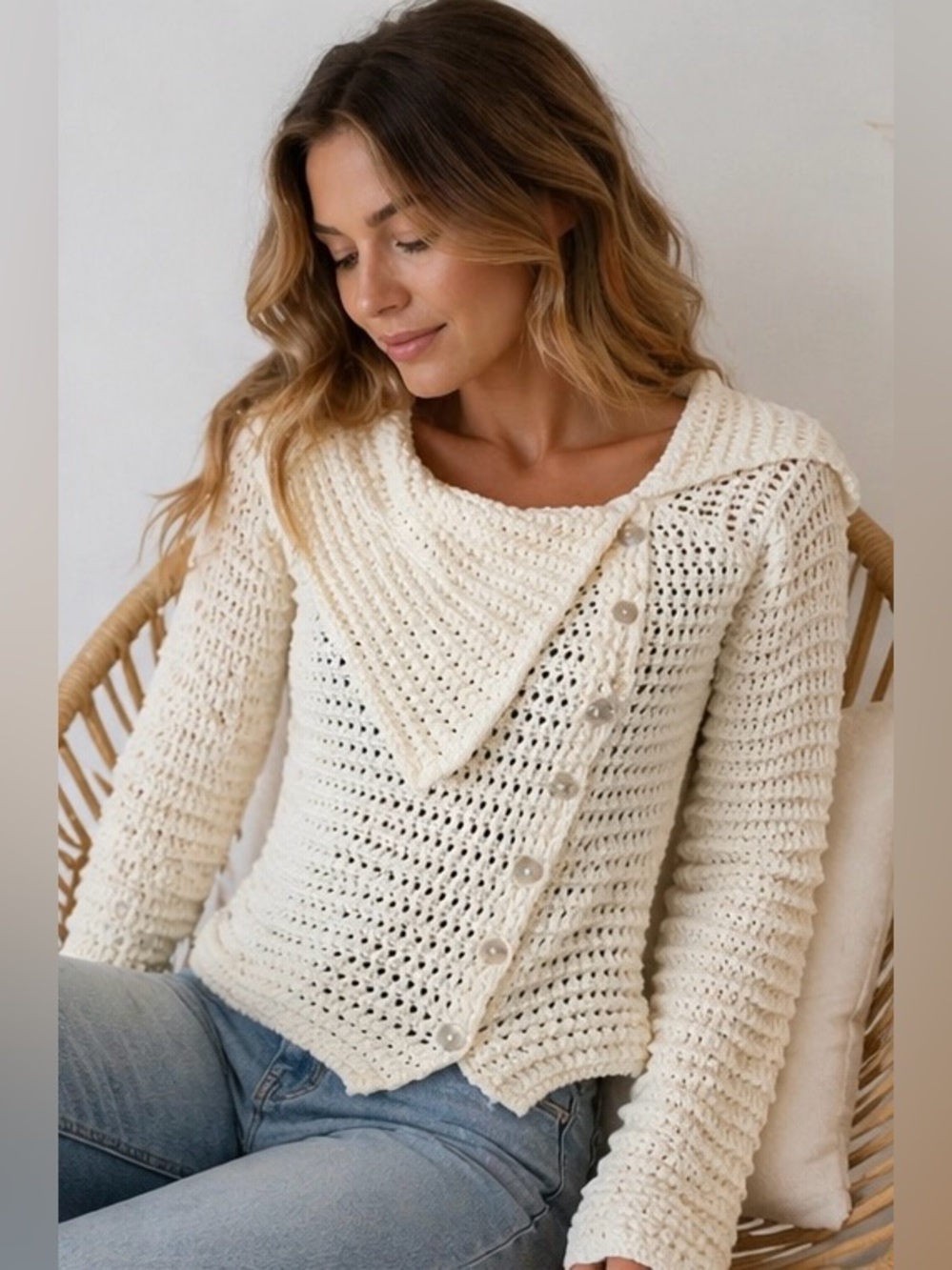 NWT Cream Crochet Cardigan Asymmetrical Button Pointelle Sweater Medium Coastal